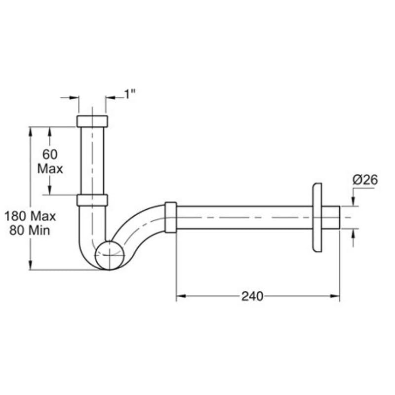 BSSTORE Sifone per Lavabo o Bidet in Ottone, Ghiere e Canotti in Acciaio Inox, Attacco Piletta 1", Scarico Ø 26x250 mm