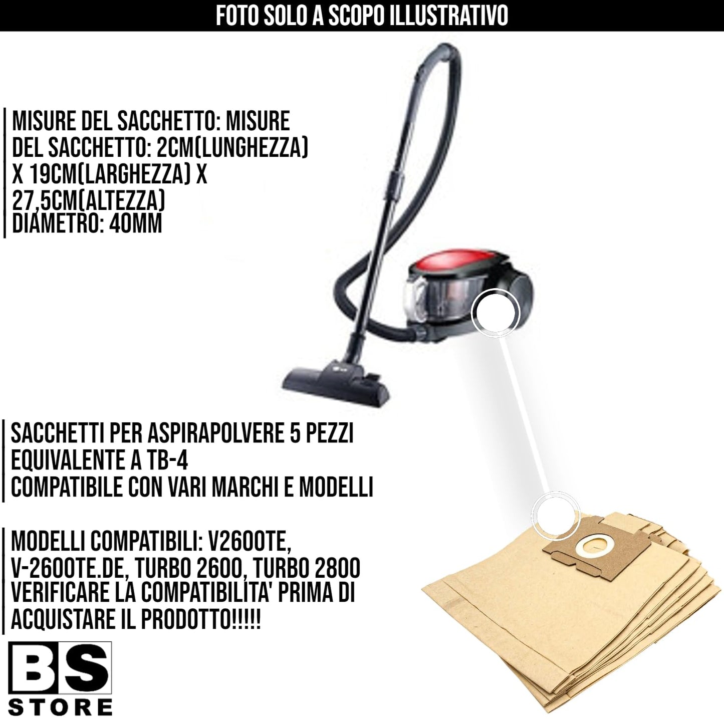 BSSTORE Sacchetto Aspirapolvere 5pz Equivalente A TB-4 Compatibile Con Vari Modelli