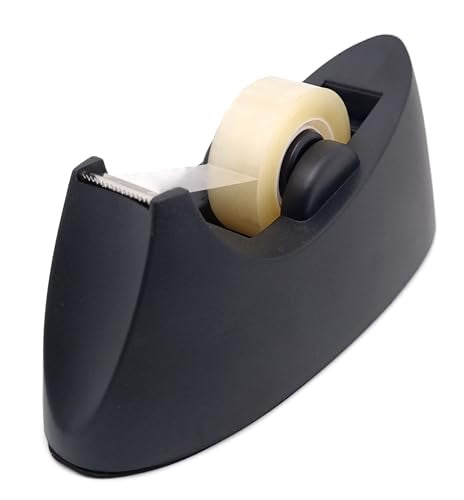 BSSTORE Kit Dispenser da Scrivania Nero per Nastro Adesivo + 10 Rotoli di Nastro Adesivo Trasparente 15m x 33mt per Casa e Ufficio