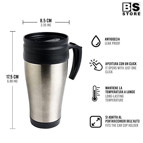 BSSTORE Tazza Termica, Thermos Mug (400ml) in Acciaio Inox, con Interno Manico e Tappo in Plastica - Riutilizzabile per Caffè, Tè, Auto