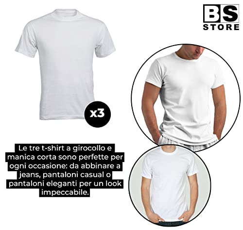 BSSTORE T-Shirt Bianca Uomo Girocollo con Manica Corta in Cotone 100% - Confezione da 3 Maglie