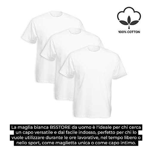 BSSTORE T-Shirt Bianca Uomo Girocollo con Manica Corta in Cotone 100% - Confezione da 3 Maglie