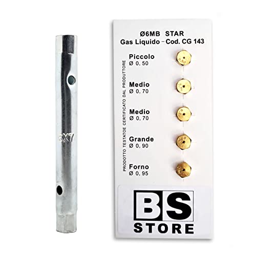 BSSTORE Chiave a Tubo 6/7 + 5 Ugelli Universali 6MB GPL per Bombole, Cucine a Gas | Misure Differenti (Piccolo 0,50-2x Medio 0,70 - Grande 0,90 - Forno 0,95) CG143