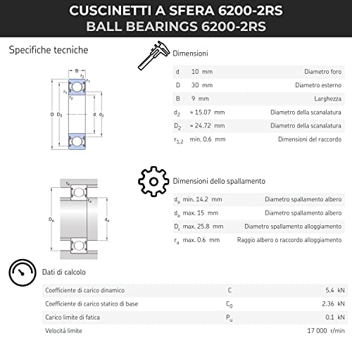 BSSTORE 6200-2RSH Cuscinetti a Sfera 10x30x9mm, Doppia Tenuta in Gomma 6200RSH Acciaio Cromato Sfere a Gola Profonda a Doppio Schermo Radiale
