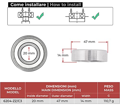 BSSTORE 6204-ZZ C3 Cuscinetti a Sfera 20x47x14mm, Doppia Schermatura in Metallo 6204-2Z/C3 Acciaio Cromato per Lavatrici Equivalente a C00002591, 481252028066, 55X1371