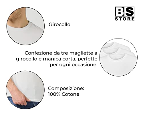 BSSTORE T-Shirt Bianca Uomo Girocollo con Manica Corta in Cotone 100% - Confezione da 3 Maglie
