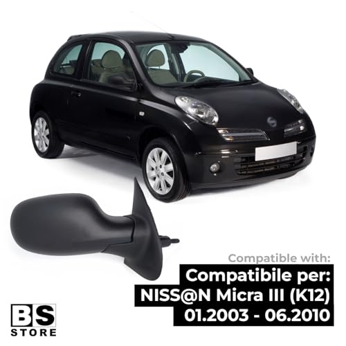 BSSTORE Specchietto Retrovisore Esterno Nero per NISS@N MICRA 2003-2010 (K12) con Regolazione Manuale