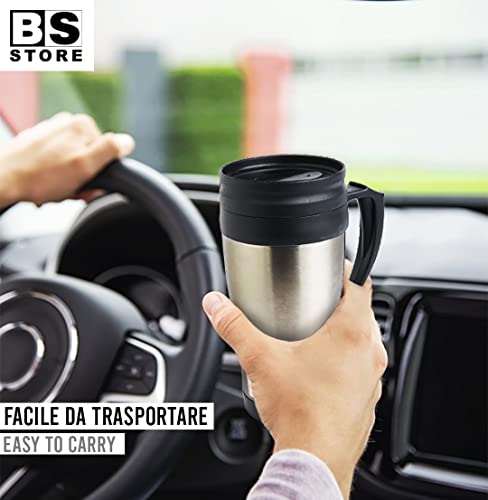 BSSTORE Tazza Termica, Thermos Mug (400ml) in Acciaio Inox, con Interno Manico e Tappo in Plastica - Riutilizzabile per Caffè, Tè, Auto