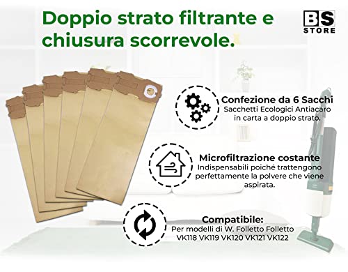 BSSTORE 6 Sacchetti Compatibili per Folletto VK120 VK121 VK122 Sacchi di Ricambio in Carta Ecologica Equivalente a 02094