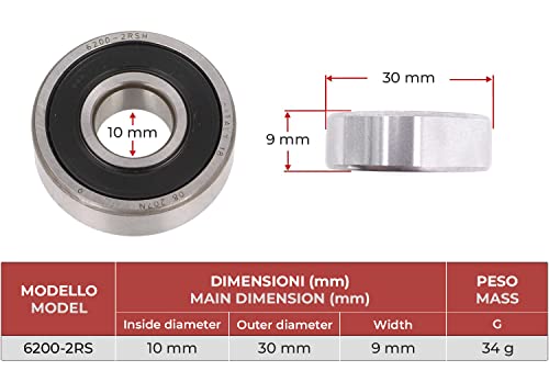 BSSTORE 6200-2RSH Cuscinetti a Sfera 10x30x9mm, Doppia Tenuta in Gomma 6200RSH Acciaio Cromato Sfere a Gola Profonda a Doppio Schermo Radiale