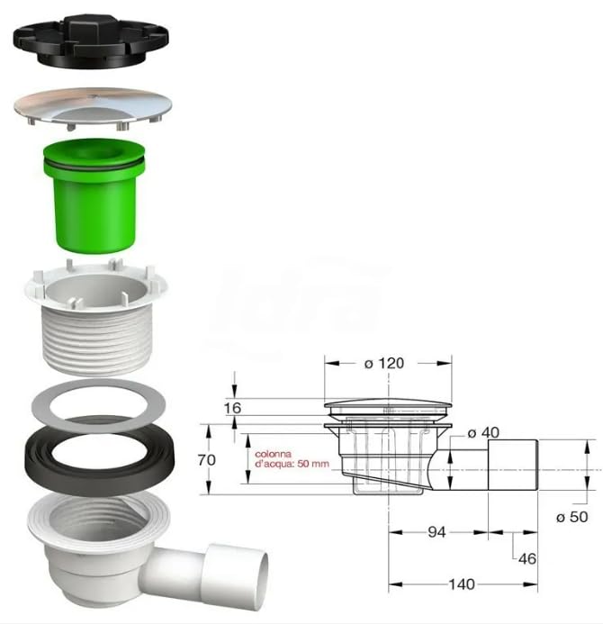 BSSTORE Sifone Piatto Doccia Con Foro Ø 90Mm Coperchio in ABS Cromato Ø 120Mm Made In Italy