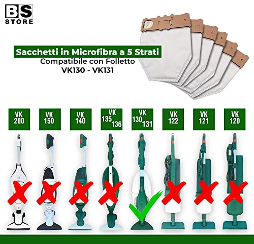 BSSTORE Kit 6 Sacchetti + Filtro Igienico Hepa + Filtro Motore Carboni Attivi Compatibile per Folletto VK130 VK131