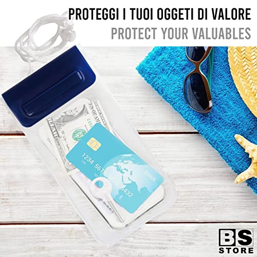 BSSTORE Custodia Portacellulare Smartphone Impermeabile Trasparente con Cordino Regolabile | Porta documenti da mare | Subacquea per Mare, Piscina, Nuoto, Canoa