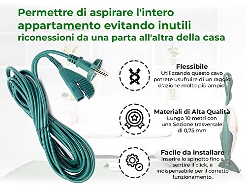 BSSTORE Cavo di Alimentazione 10 Metri Compatibile per Folletto VK135 VK136 Prolunga Equivalente a 40787 ex 05038