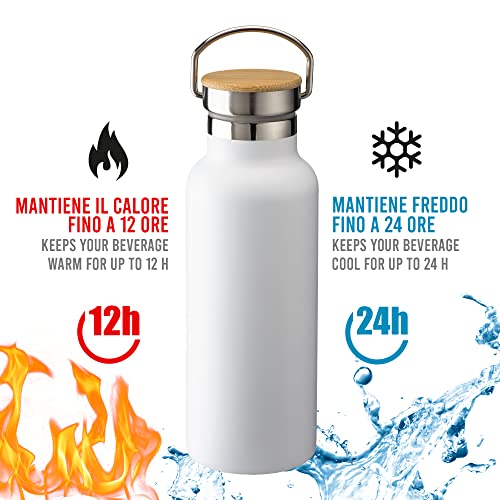 BSSTORE Borraccia Termica con Tappo a Vite in Bambú con Manico in Acciaio Inossidabile con Doppia Parete Isolante - 500 ml - Bottiglia Termica, Thermos, Riutilizzabile per Sport, Palestra, Viaggi