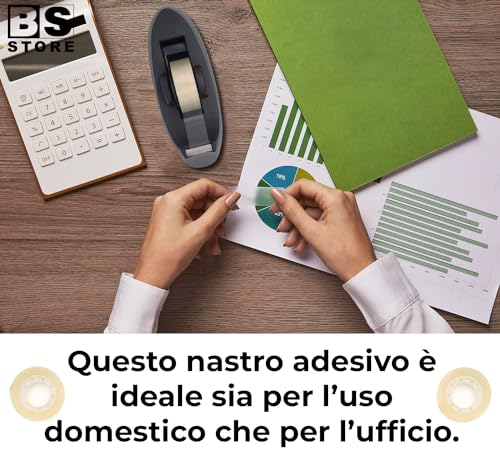 BSSTORE Kit Dispenser da Scrivania Nero per Nastro Adesivo + 10 Rotoli di Nastro Adesivo Trasparente 15m x 33mt per Casa e Ufficio