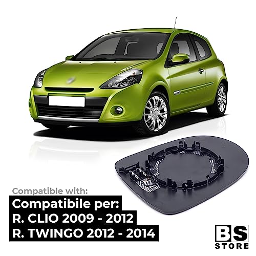 BSSTORE Piastra Vetro Specchio Retrovisore Termico per Ren@ult CLIO III 2009-2014, TWINGO II 2012-2014 (Sinistro Asferico - Lato Conducente)