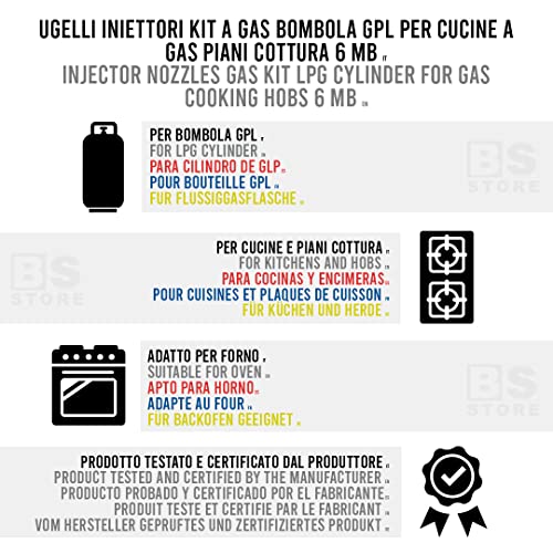 BSSTORE Chiave a Tubo 6/7 + 5 Ugelli Universali 6MB GPL per Bombole, Cucine a Gas | Misure Differenti (Piccolo 0,50-2x Medio 0,70 - Grande 0,90 - Forno 0,95) CG143