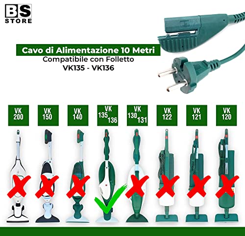 BSSTORE Cavo di Alimentazione 10 Metri Compatibile per Folletto VK135 VK136 Prolunga Equivalente a 40787 ex 05038