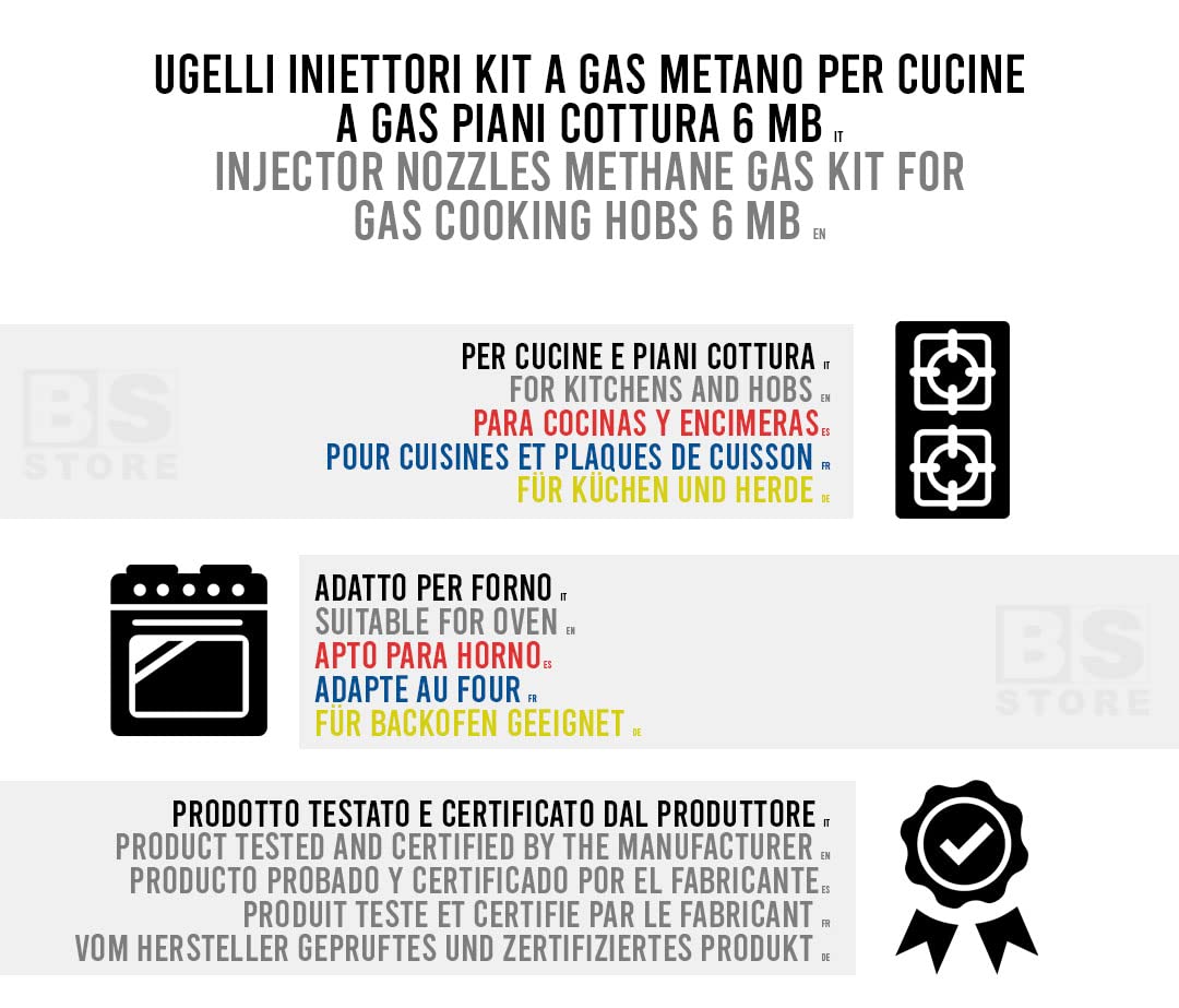 BSSTORE CG149 Kit 5 Ugelli 6MB Gas Metano Universali per Cucine e Forni | Misure (Piccolo 0,78-2x Medio 1,03 - Grande 1,30 - Forno 1,30)