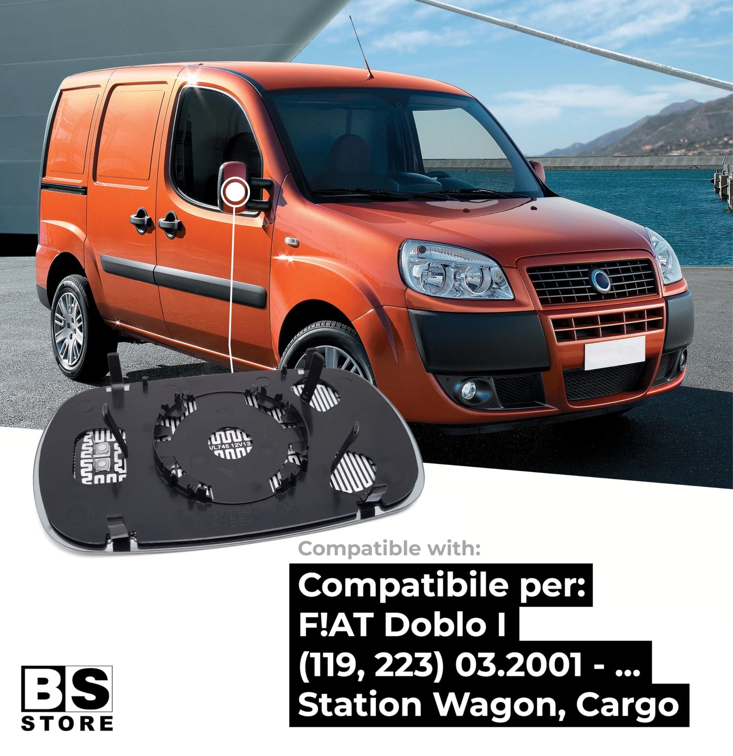BSSTORE Vetro Specchio Retrovisore Termico Bilaterale per DOBLO' dal 2001 in poi (119, 223) Destra = Sinistra