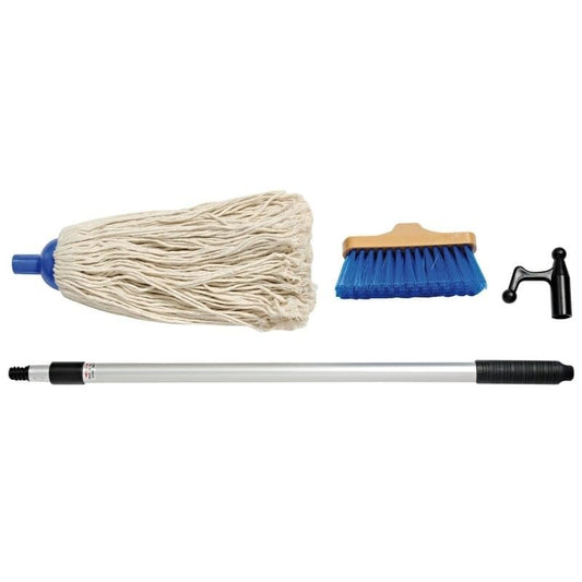 BSSTORE Kit Pulizia Telescopico 3 in 1 per Barca, Gommone e Camper, Gancio d’Accosto, Frattazzo in Cotone e Spazzola a Fibre Dure – Accessori Intercambiabili