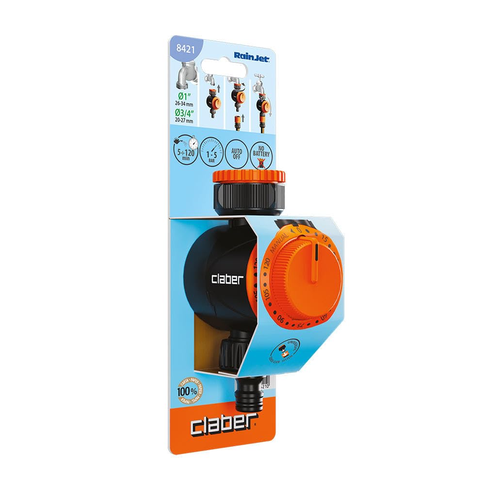 Claber Timer Meccanico per Irrigazione – Temporizzatore da Rubinetto 5–120 Minuti, Filtro Lavabile, Senza Batterie, Attacco Quick-Click