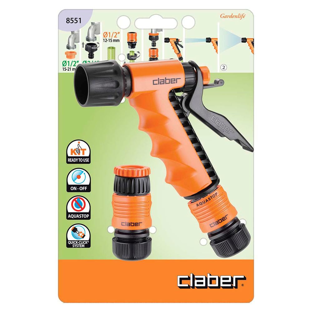 Claber 8551 Set Lance a Pistola con Raccordi, 1/2 Pollici, Nero/Arancione