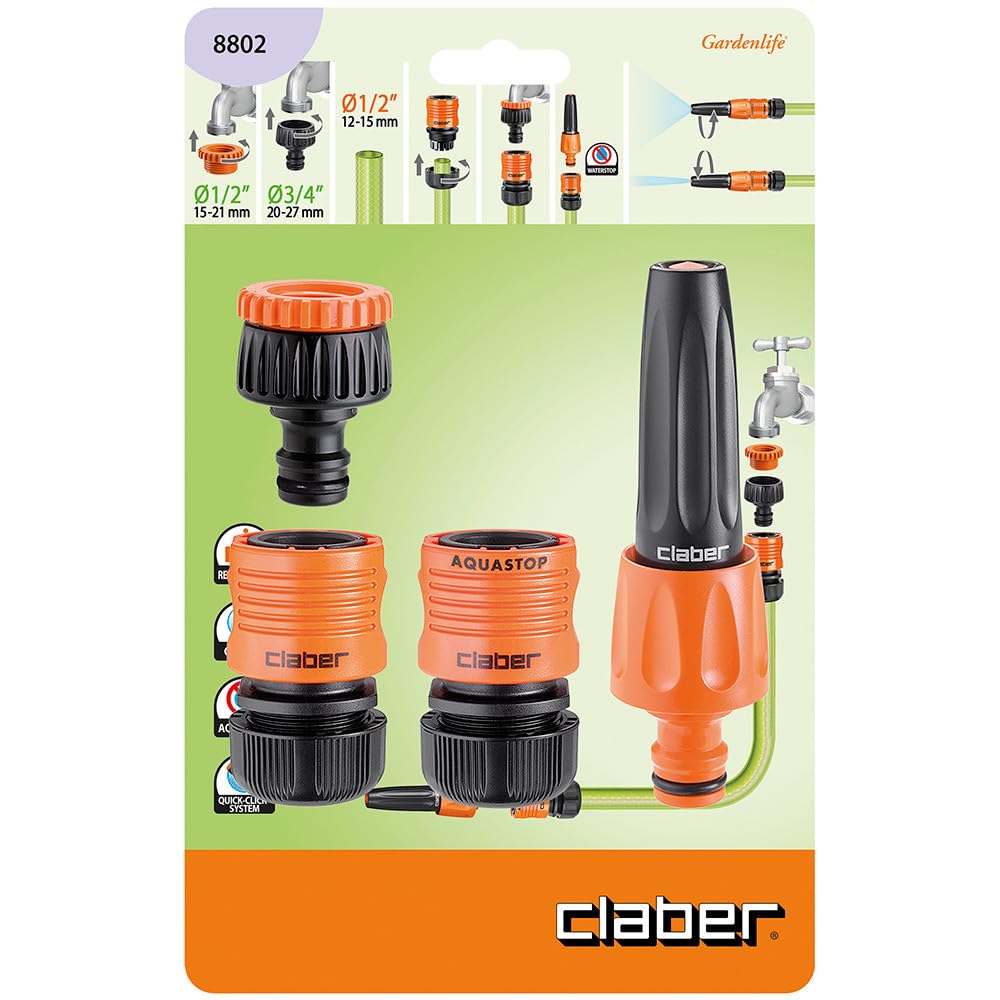 Claber Starter Kit Set Lancia e raccordi Automatici irrigazione Giardino per Tubo da 3/4" (19 mm)