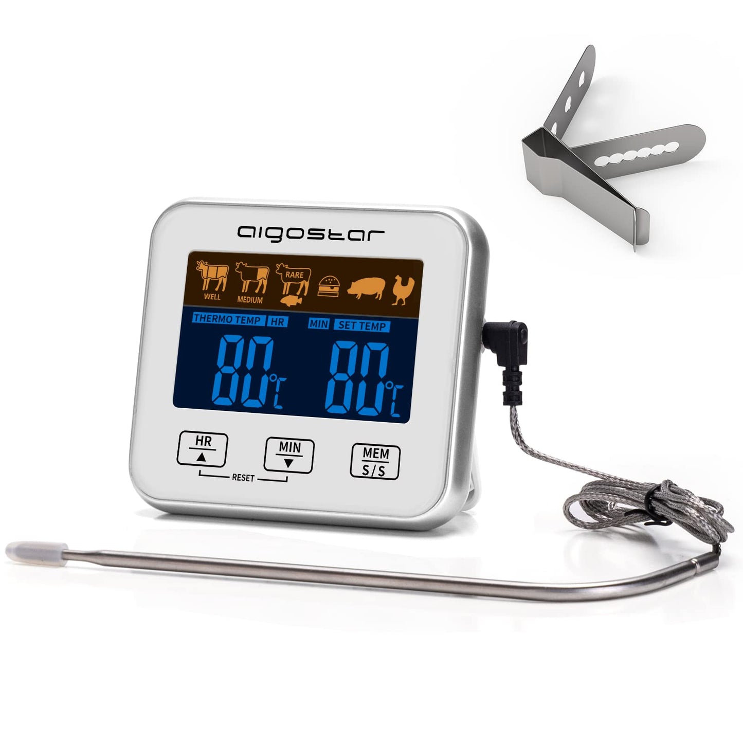 Aigostar Elliott - Termometro Cucina/Timer Cucina, Termometro Alimentare con Display LCD Retroilluminato, Funzione di Allarme, Letture Veloci e Accurate. Cottura BBQ Forno Arrosto Griglia.