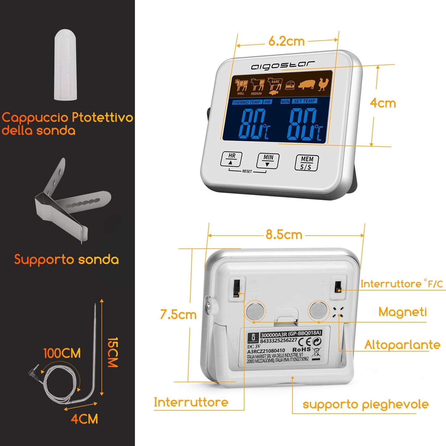 Aigostar Elliott - Termometro Cucina/Timer Cucina, Termometro Alimentare con Display LCD Retroilluminato, Funzione di Allarme, Letture Veloci e Accurate. Cottura BBQ Forno Arrosto Griglia.
