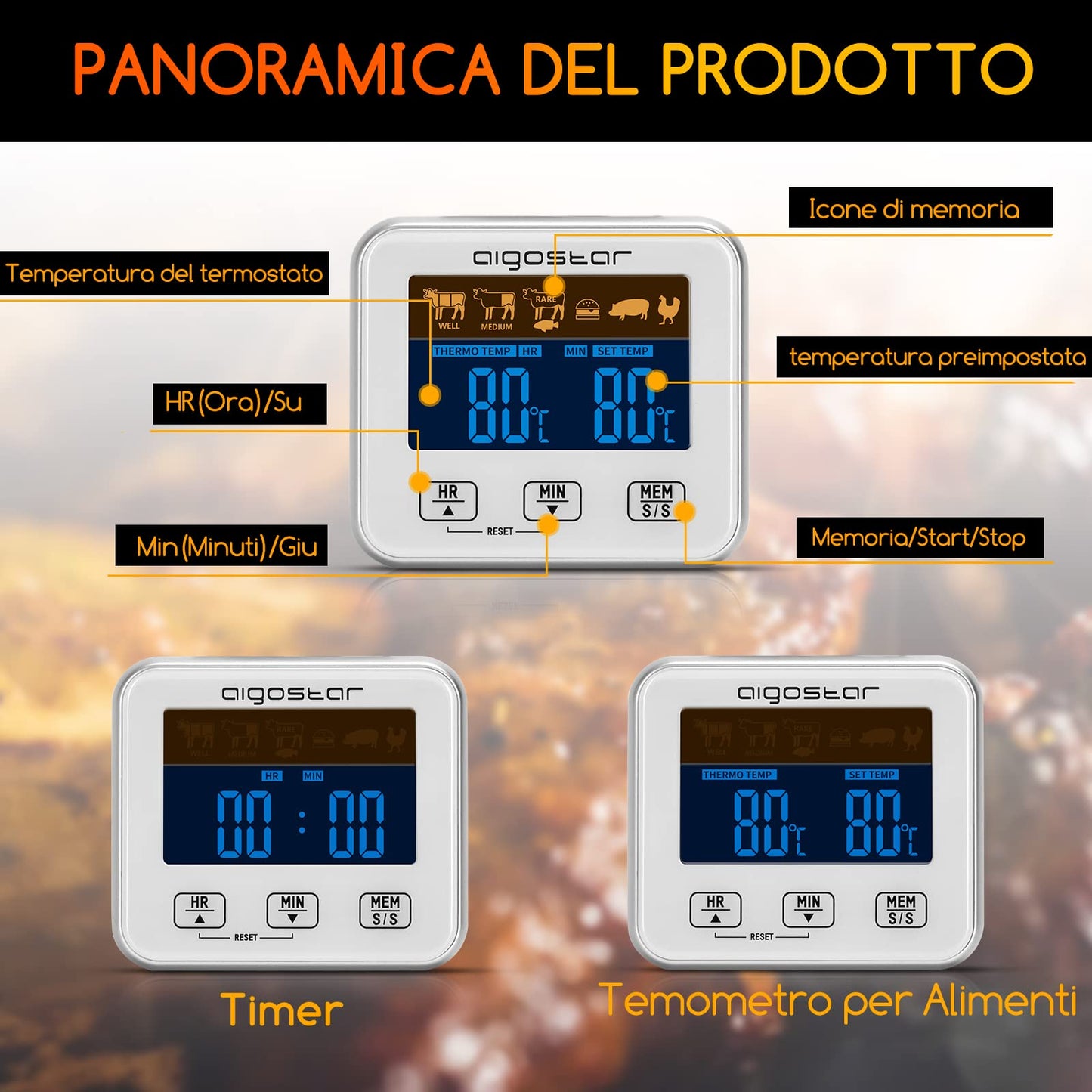 Aigostar Elliott - Termometro Cucina/Timer Cucina, Termometro Alimentare con Display LCD Retroilluminato, Funzione di Allarme, Letture Veloci e Accurate. Cottura BBQ Forno Arrosto Griglia.