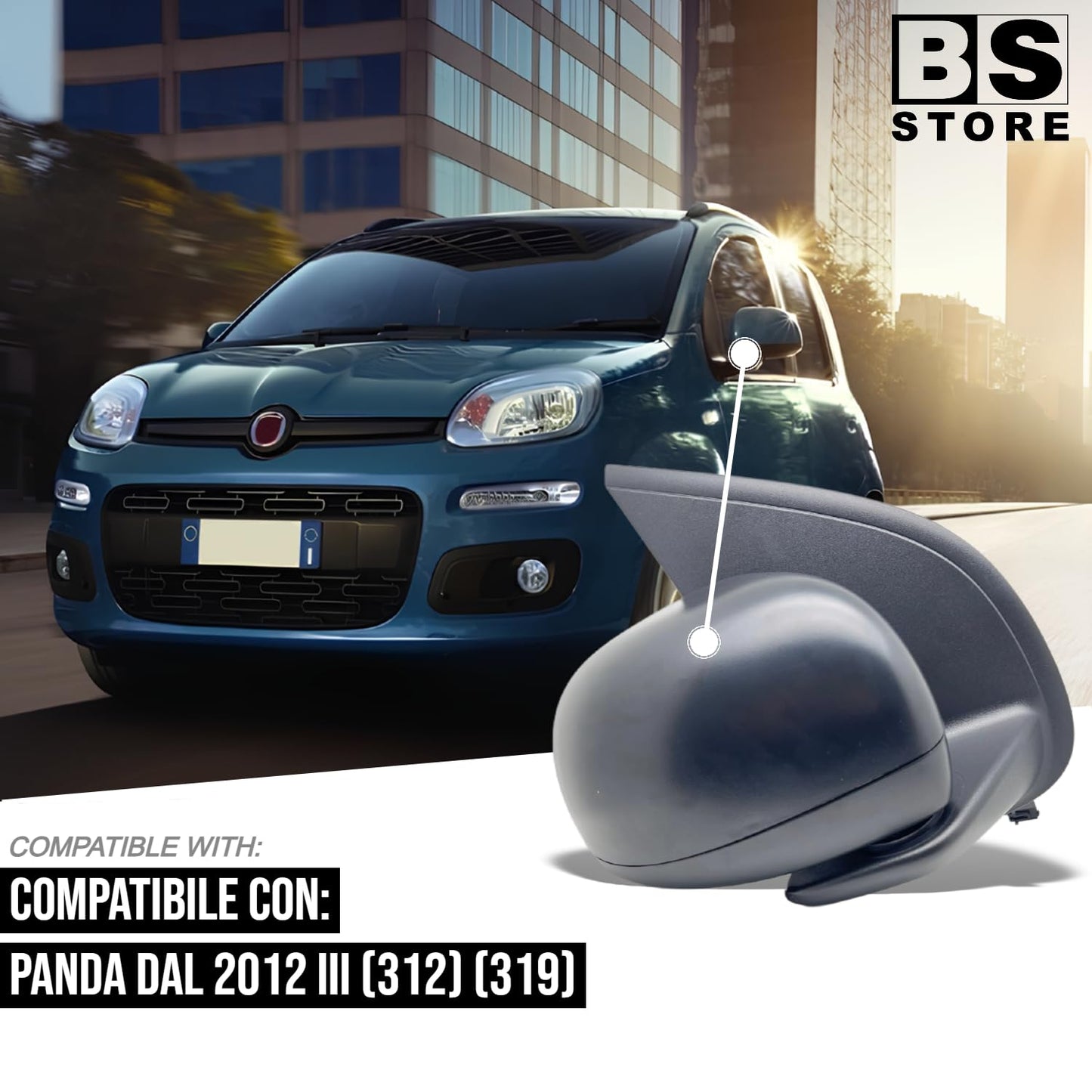 BSSTORE Specchietto Retrovisore Destro Esterno Nero per Panda dal 2012 (312, 319) con Regolazione Manuale e Sonda Per Temperatura