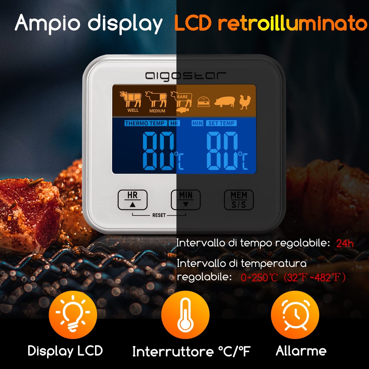 Aigostar Elliott - Termometro Cucina/Timer Cucina, Termometro Alimentare con Display LCD Retroilluminato, Funzione di Allarme, Letture Veloci e Accurate. Cottura BBQ Forno Arrosto Griglia.