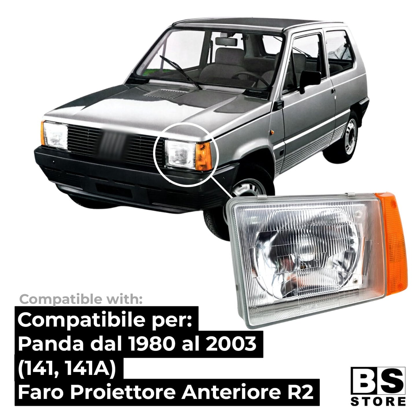 BSSTORE Faro Proiettore Anteriore R2 per Panda dal 1986 al 2003 (141, 141A) Regolazione Elettrica