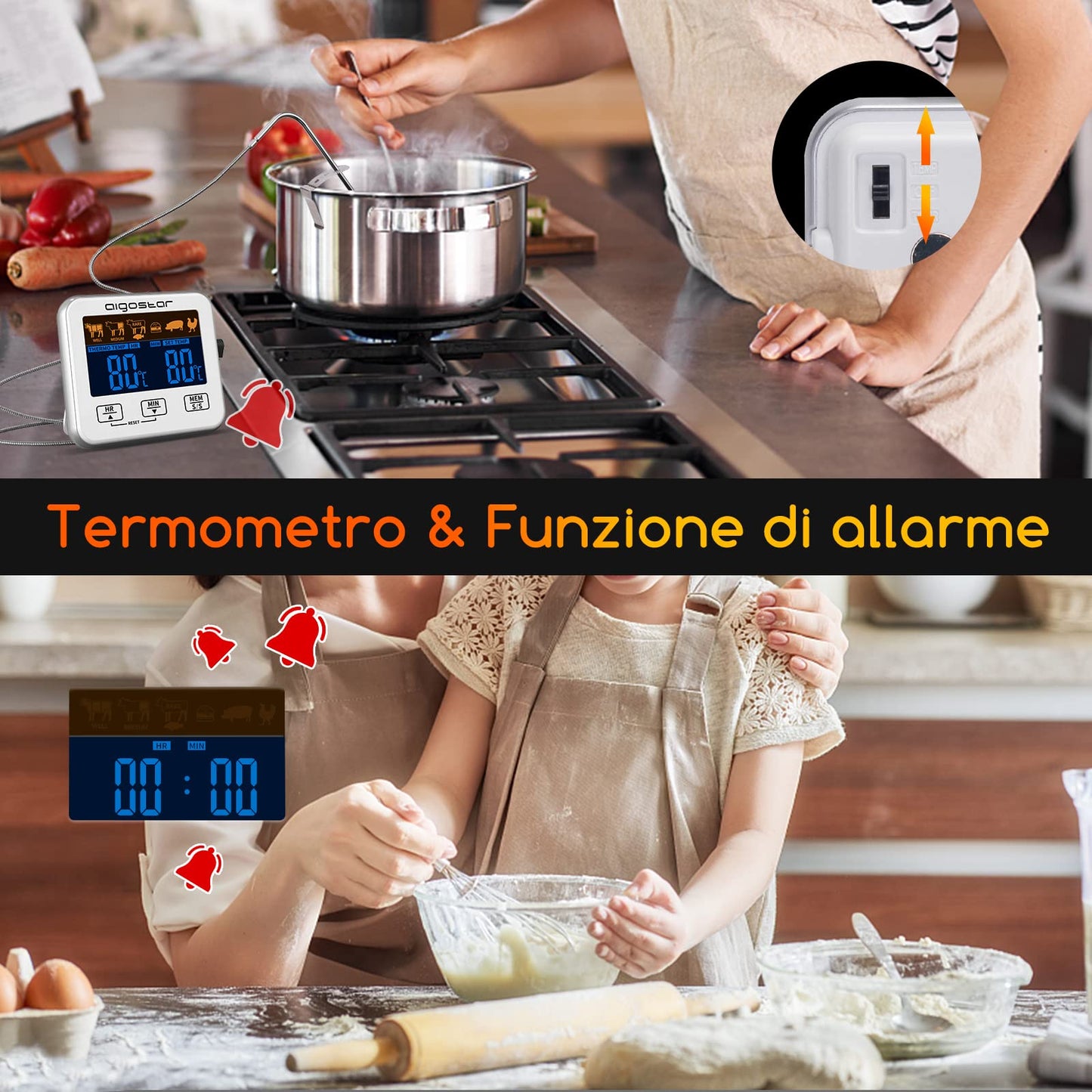 Aigostar Elliott - Termometro Cucina/Timer Cucina, Termometro Alimentare con Display LCD Retroilluminato, Funzione di Allarme, Letture Veloci e Accurate. Cottura BBQ Forno Arrosto Griglia.