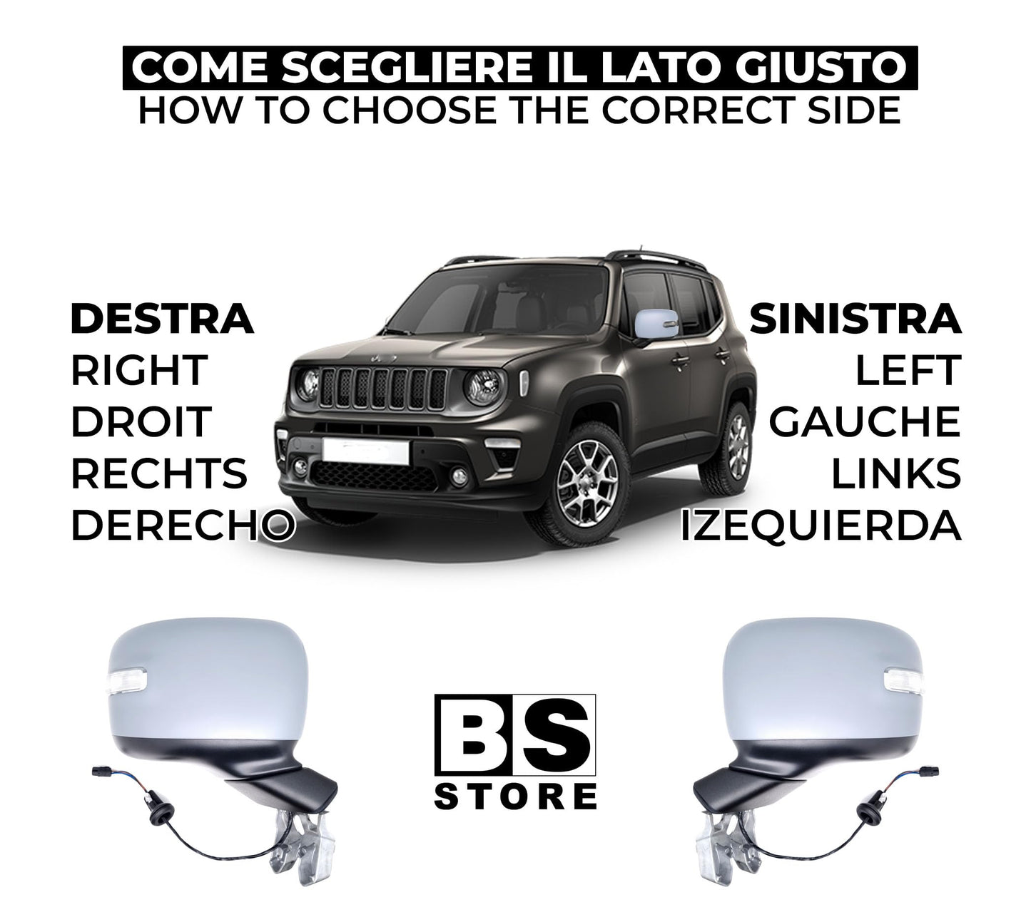 BSSTORE Specchietto Retrovisore da Verniciare per JE€P RENEGADE (BU, B1) dal 2014 in poi | Elettrico Termico