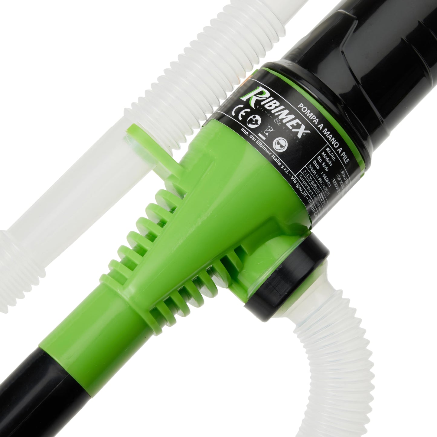Ribimex Pompa Manuale per Travaso Liquidi a Batteria, Flusso 5-9 L/min, Ideale per Liquidi non Corrosivi come Acqua e Olio con temperature sotto i 50°C, Funziona con 2 Batterie LR20 - PRKG110P