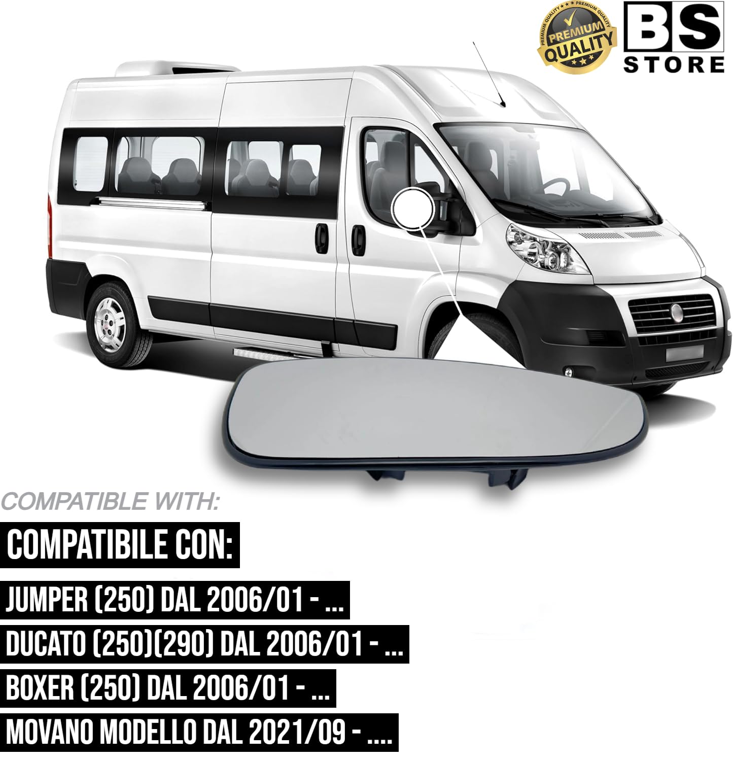 BSSTORE Piastra Vetro Specchio Retrovisore Inferiore Termico Compatibile Con DUCATO - JUMPER - BOXER - MOVANO