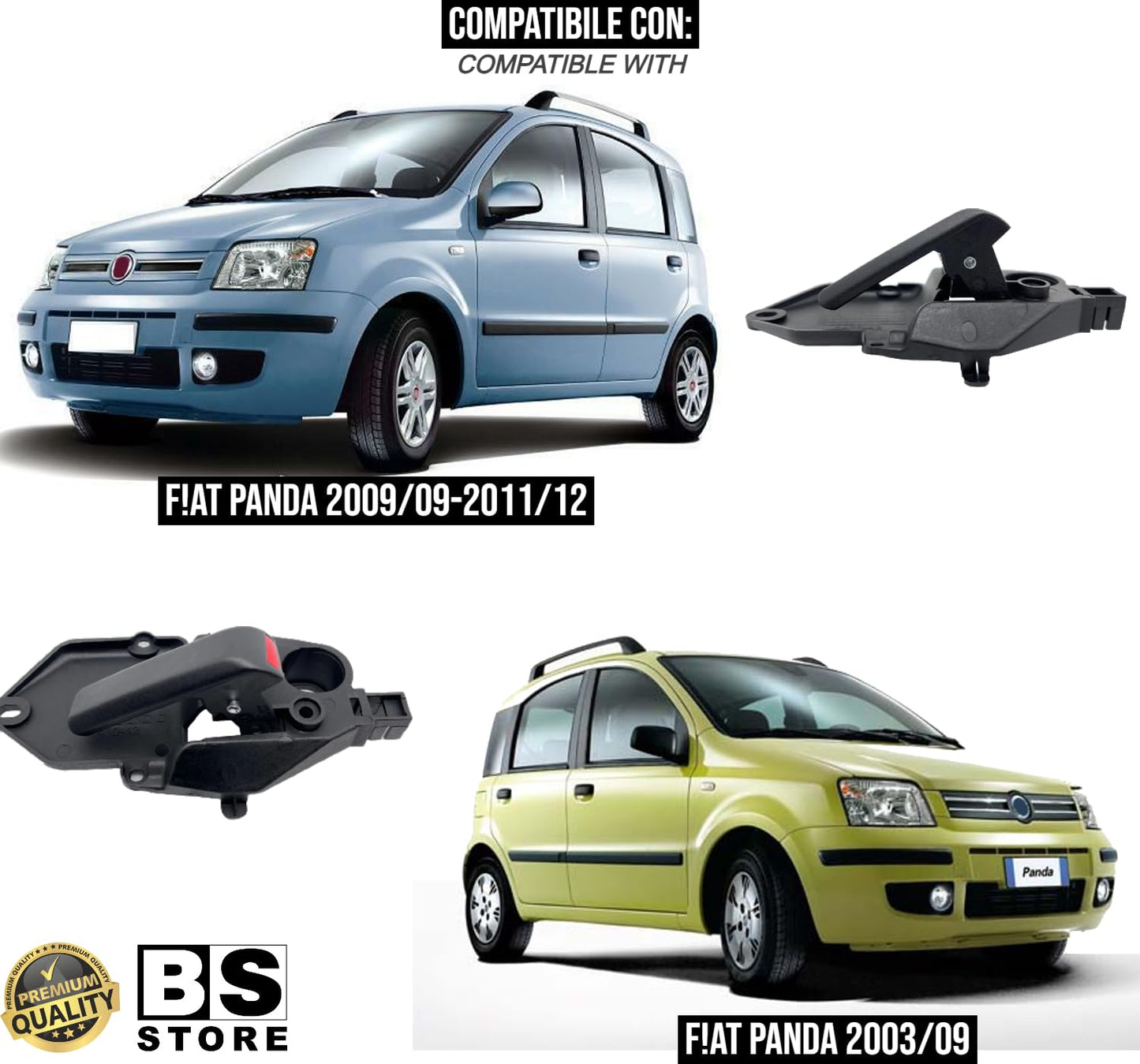 BSSTORE® Maniglia Apriporta Interna Nera Anteriore E Posteriore Compatibile Con Panda 2003-2011