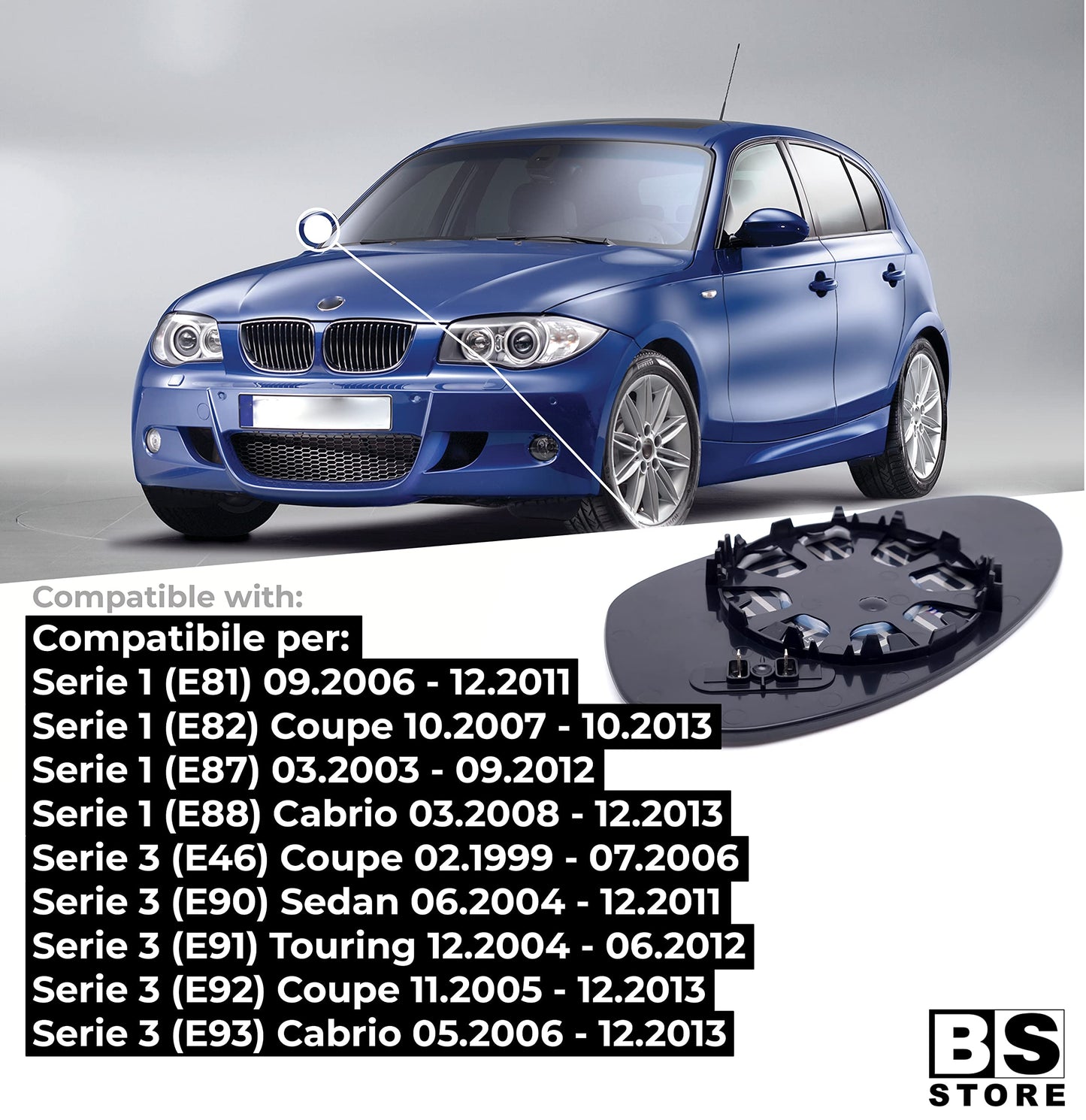 BSSTORE Vetro Specchio Retrovisore Asferico Termico per βmw SERIE 1 E81 E82 E87 E88 - SERIE 3 E90 E91 E92 E93
