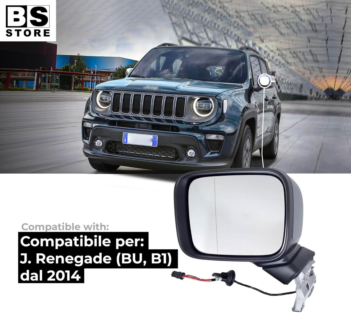 BSSTORE Specchietto Retrovisore da Verniciare per JE€P RENEGADE (BU, B1) dal 2014 in poi | Elettrico Termico