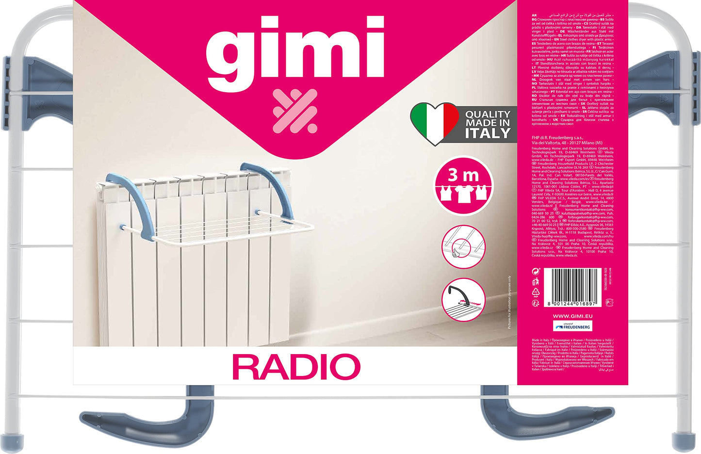 GIMI Radio Stendibiancheria da termosifone, Acciaio con Bracci in Resina, Adattabili a tutti i supporti, 3 m stendibili, Made In Italy
