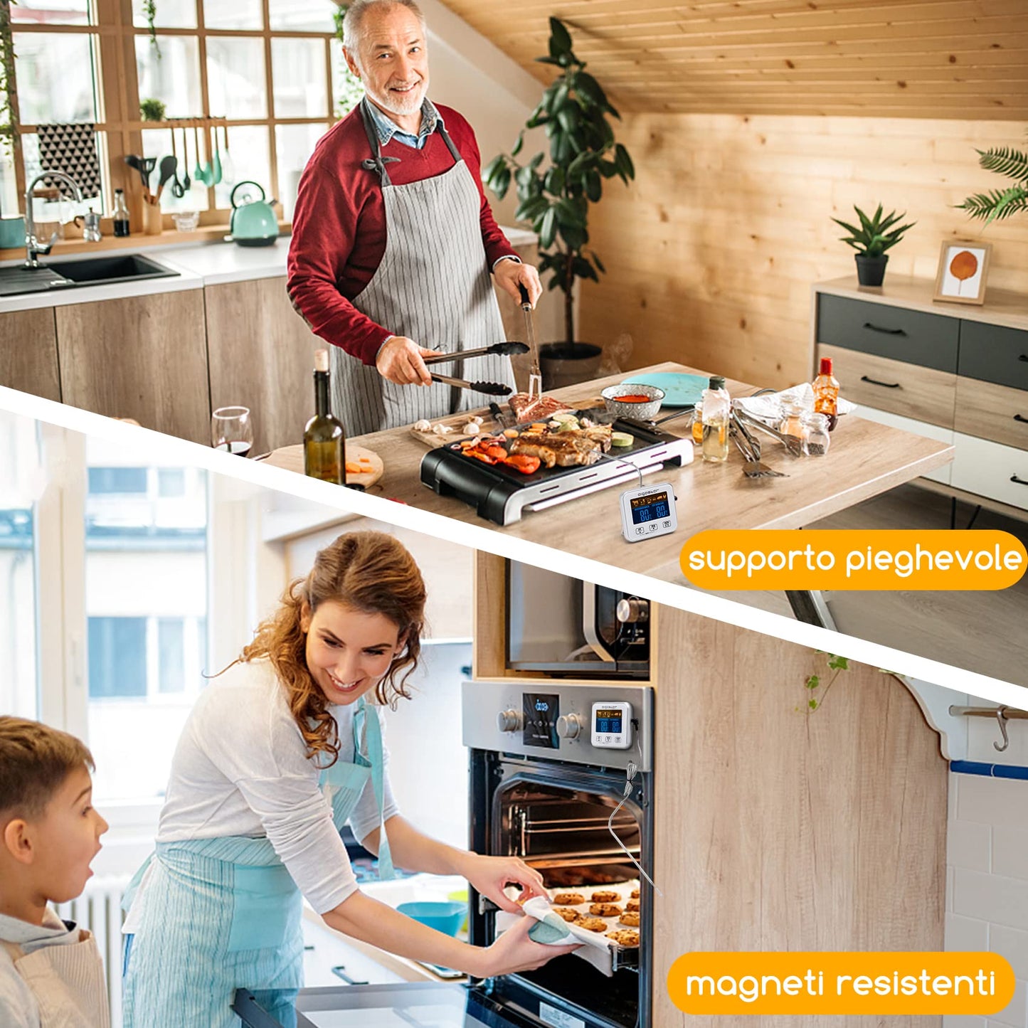 Aigostar Elliott - Termometro Cucina/Timer Cucina, Termometro Alimentare con Display LCD Retroilluminato, Funzione di Allarme, Letture Veloci e Accurate. Cottura BBQ Forno Arrosto Griglia.