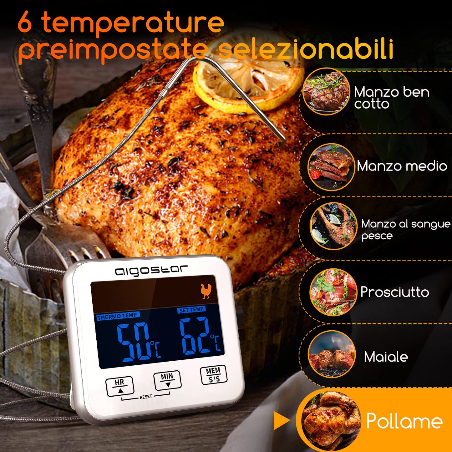 Aigostar Elliott - Termometro Cucina/Timer Cucina, Termometro Alimentare con Display LCD Retroilluminato, Funzione di Allarme, Letture Veloci e Accurate. Cottura BBQ Forno Arrosto Griglia.