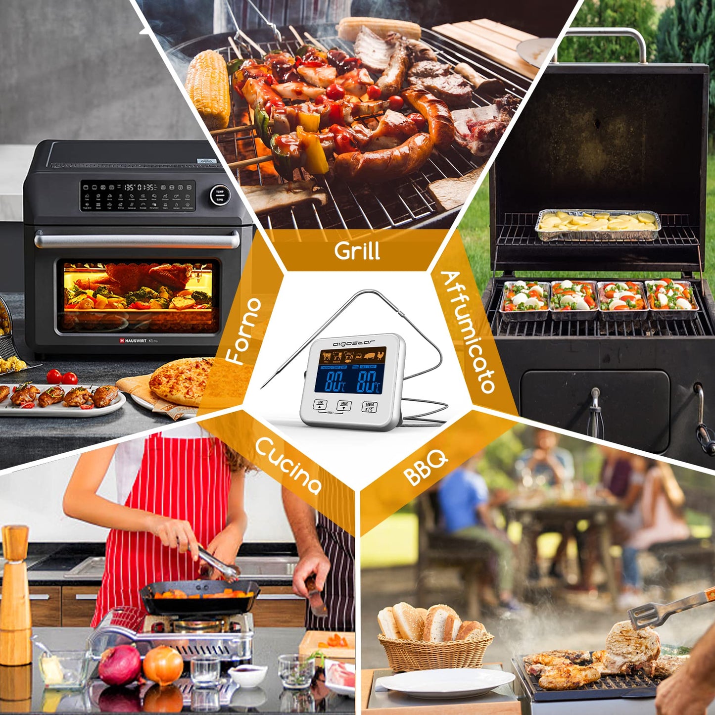 Aigostar Elliott - Termometro Cucina/Timer Cucina, Termometro Alimentare con Display LCD Retroilluminato, Funzione di Allarme, Letture Veloci e Accurate. Cottura BBQ Forno Arrosto Griglia.