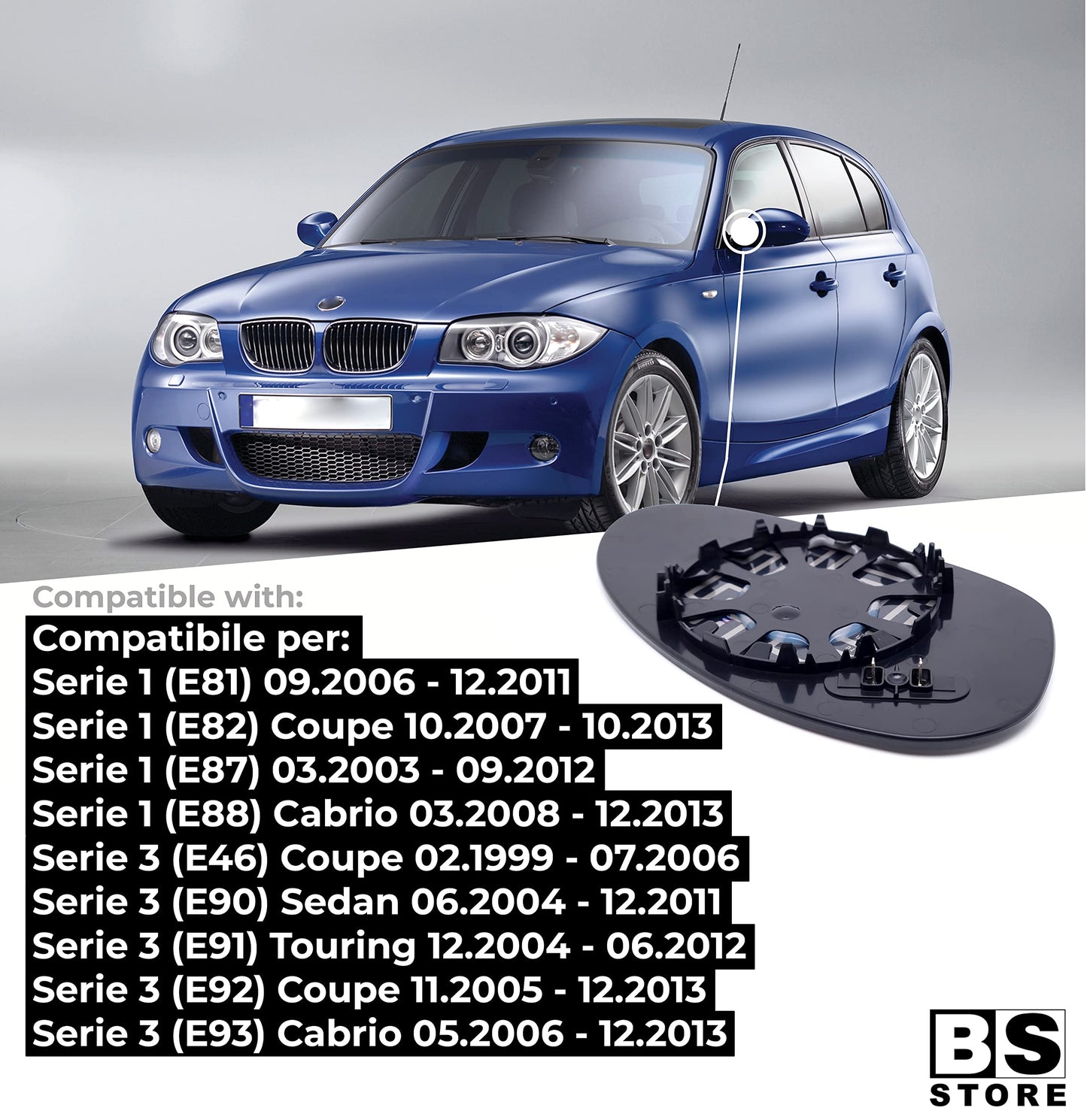 BSSTORE Vetro Specchio Retrovisore Asferico Termico per βmw SERIE 1 E81 E82 E87 E88 - SERIE 3 E90 E91 E92 E93
