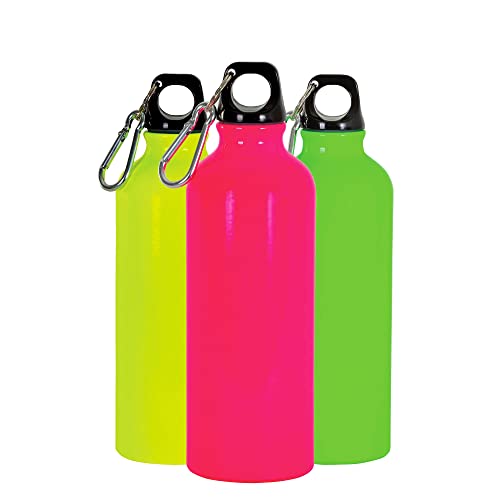 BSSTORE Borraccia Colori Fluo con Tappo in Plastica e Moschettone (500ml) in Alluminio - Per Escursioni, Sport, Campeggio, Bicicletta, Fitness, Yoga, Scuola, Palestra.
