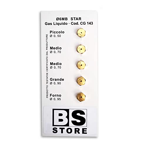 BSSTORE CG143 5 Ugelli Universali 6MB GPL per Bombole, Cucine a Gas | Misure Differenti (Piccolo 0,50-2x Medio 0,70 - Grande 0,90 - Forno 0,95) Set 5 Ugelli GPL