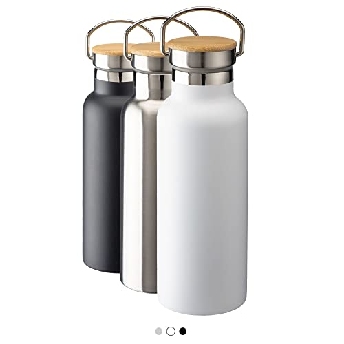 BSSTORE Borraccia Termica con Tappo a Vite in Bambú con Manico in Acciaio Inossidabile con Doppia Parete Isolante - 500 ml - Bottiglia Termica, Thermos, Riutilizzabile per Sport, Palestra, Viaggi